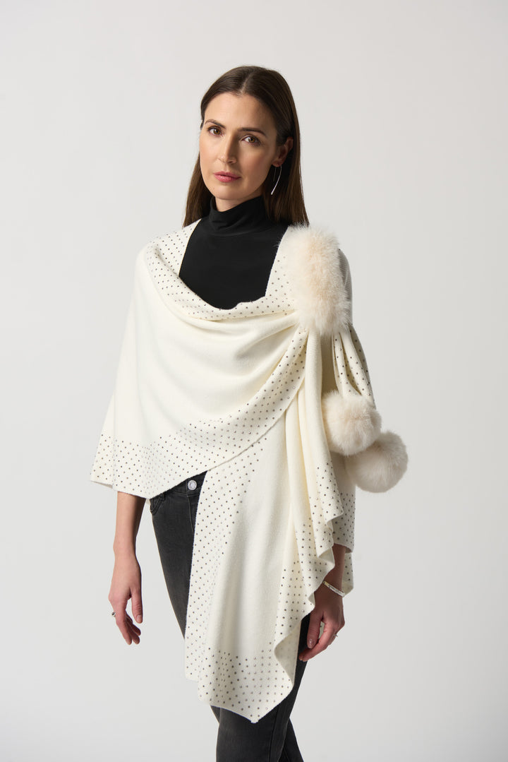 Joseph Ribkoff Fall 2023 women's casual warm wrap poncho faux fur cape with pom poms - winter white