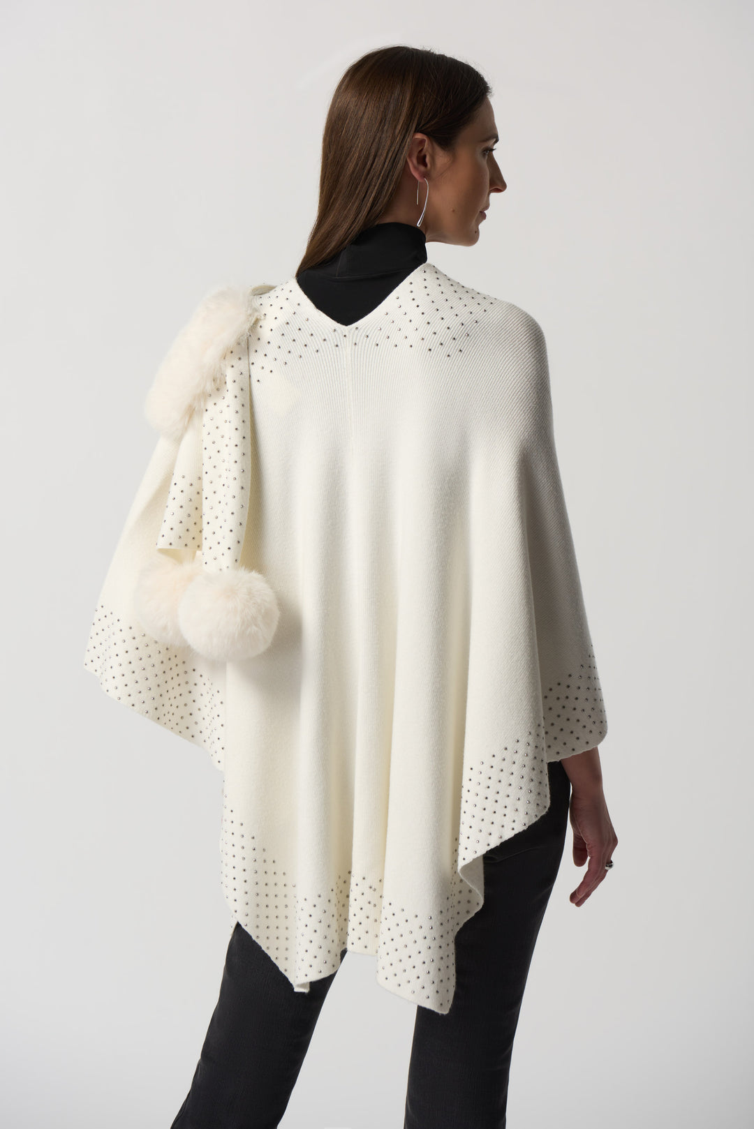 Joseph Ribkoff Fall 2023 women's casual warm wrap poncho faux fur cape with pom poms - winter white back