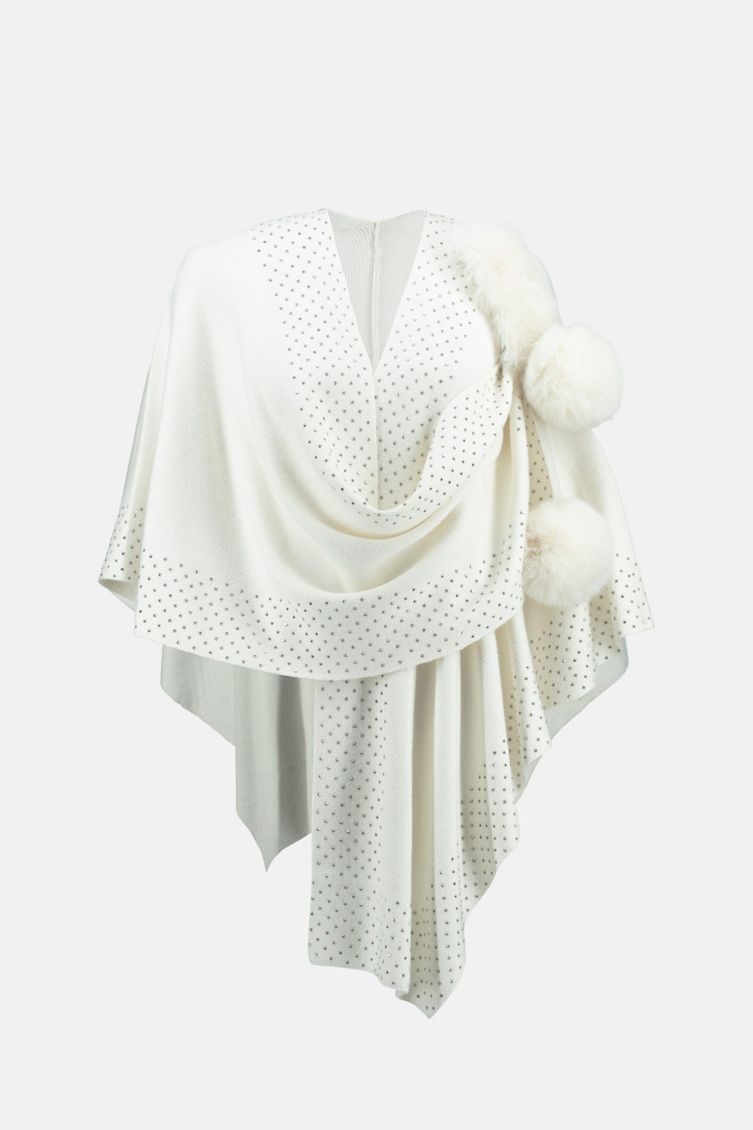 Joseph Ribkoff Fall 2023 women's casual warm wrap poncho faux fur cape with pom poms - winter white product front