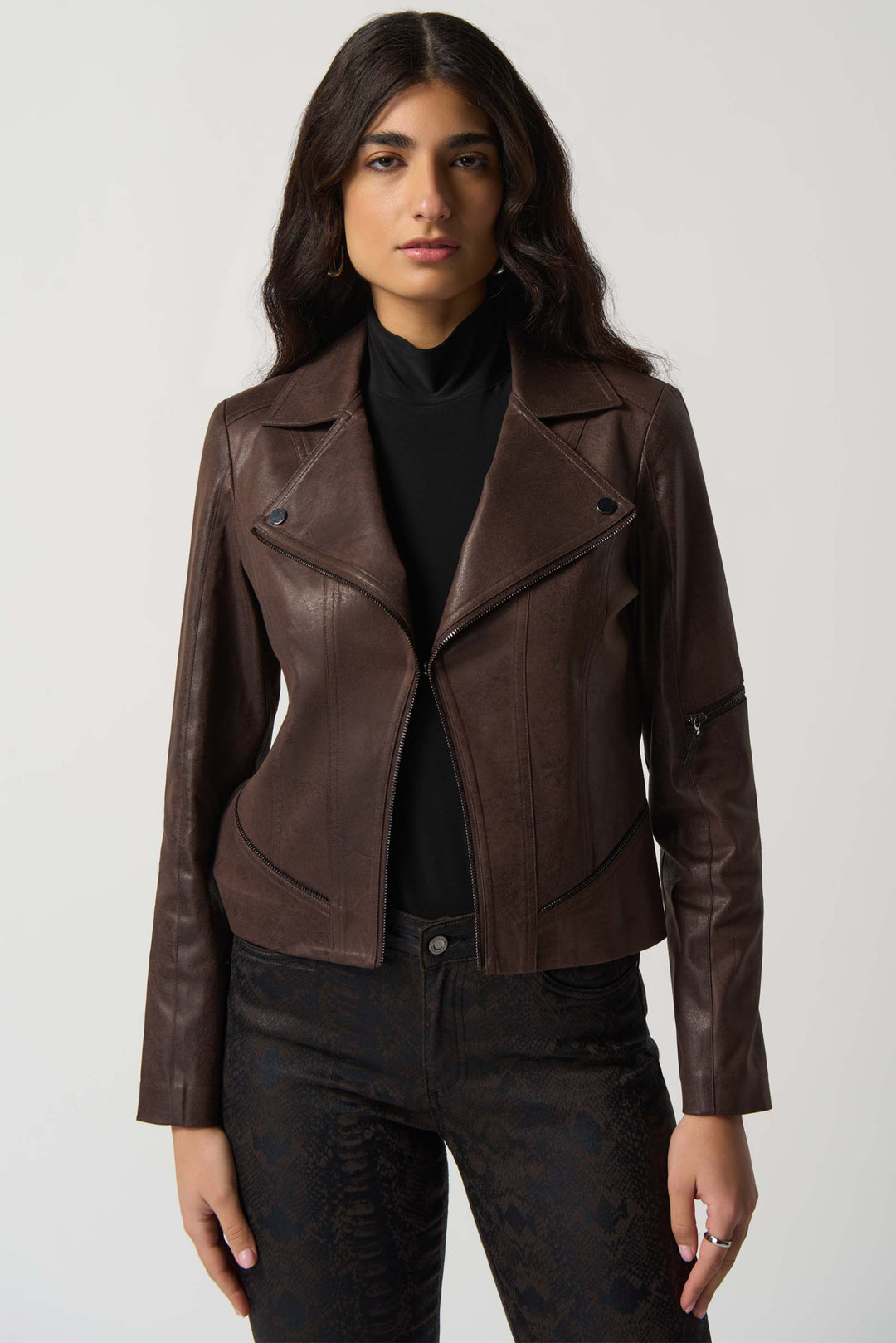 Joseph Ribkoff Fall 2023 women's casual faux suede leather vegan brown moto jacket - front