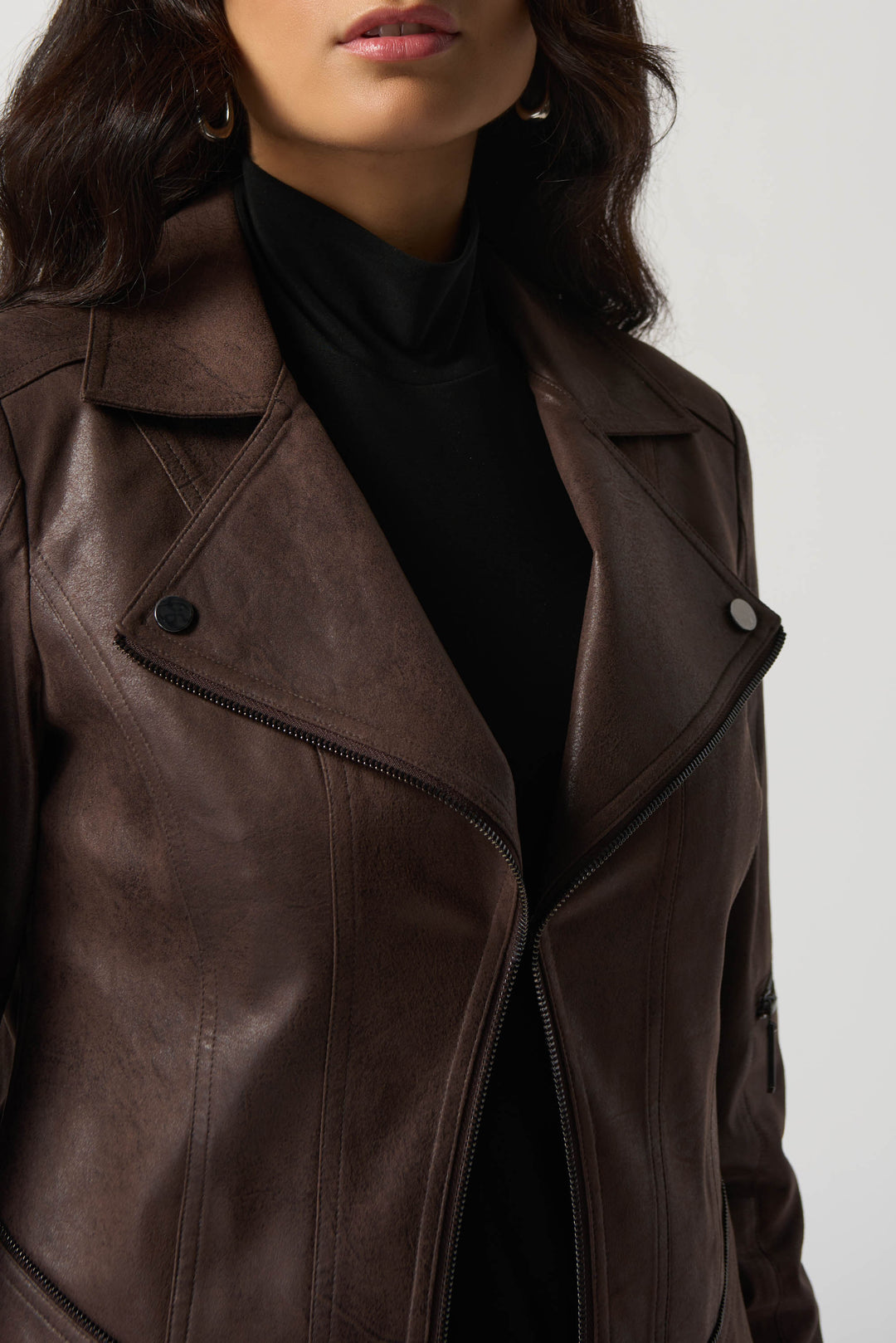Joseph Ribkoff Fall 2023 women's casual faux suede leather vegan brown moto jacket - detail