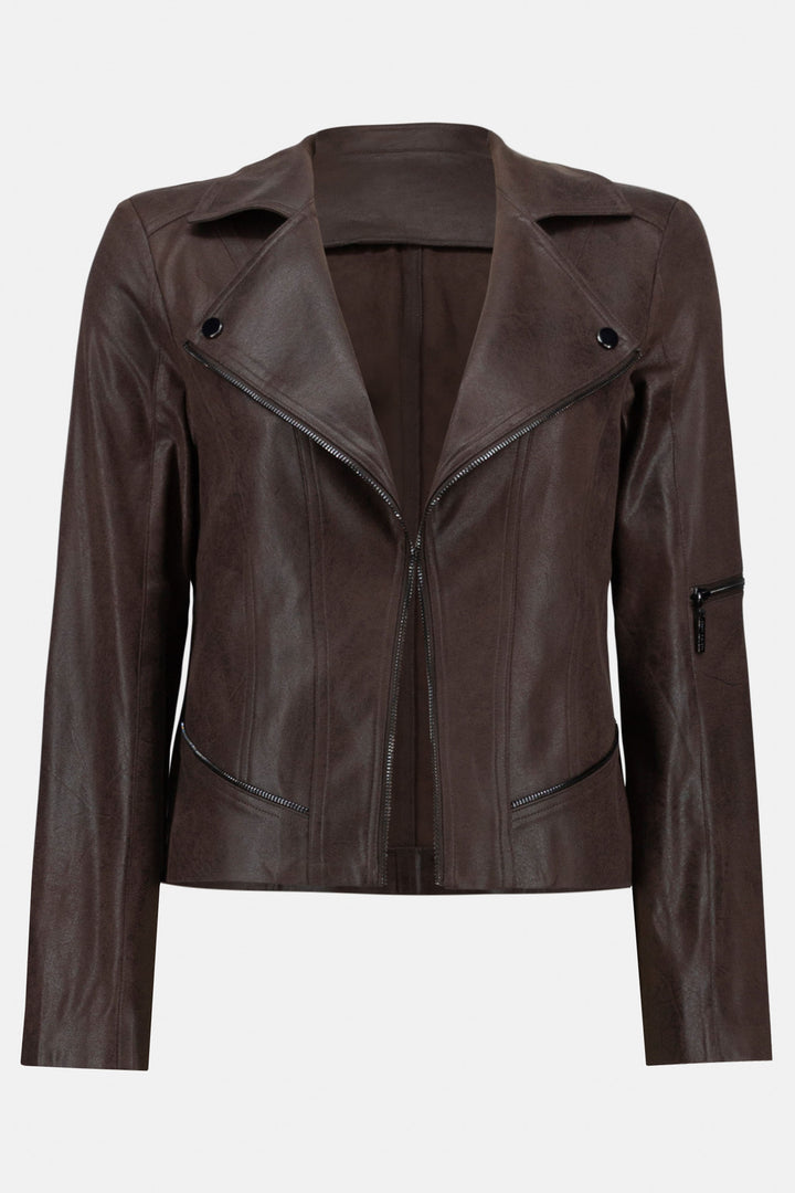Joseph Ribkoff Fall 2023 women's casual faux suede leather vegan brown moto jacket - product front