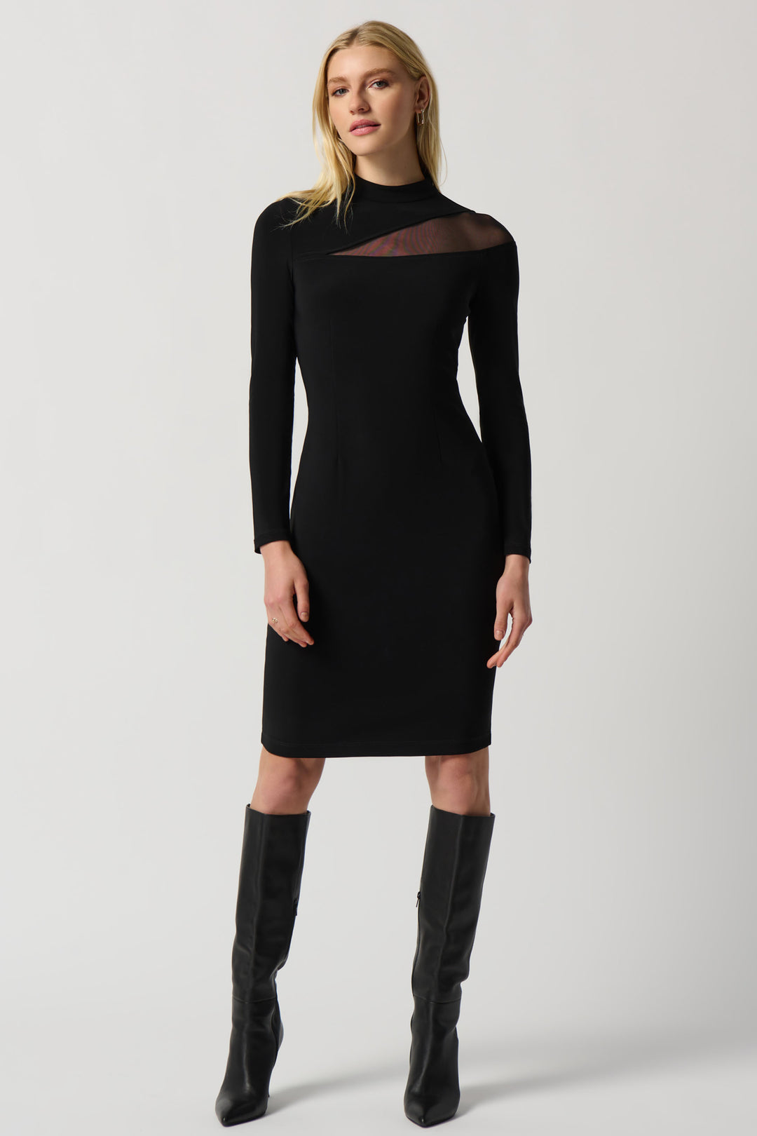 This flattering dress hugs your body in all the right places and features a high neckline for a bold and fancy look. With its thick-knit, stretchy blend, you can take on any event with confidence! 