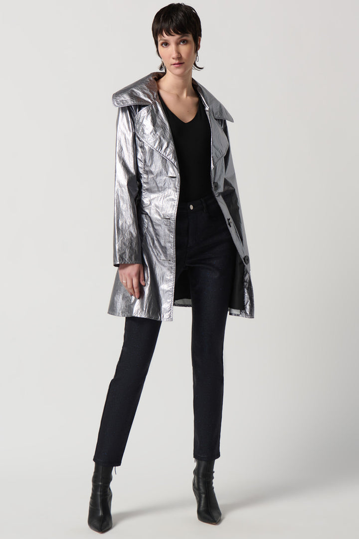 Cut from stretch and foiled denim, its shimmering sparkly finish is sure to turn heads. 