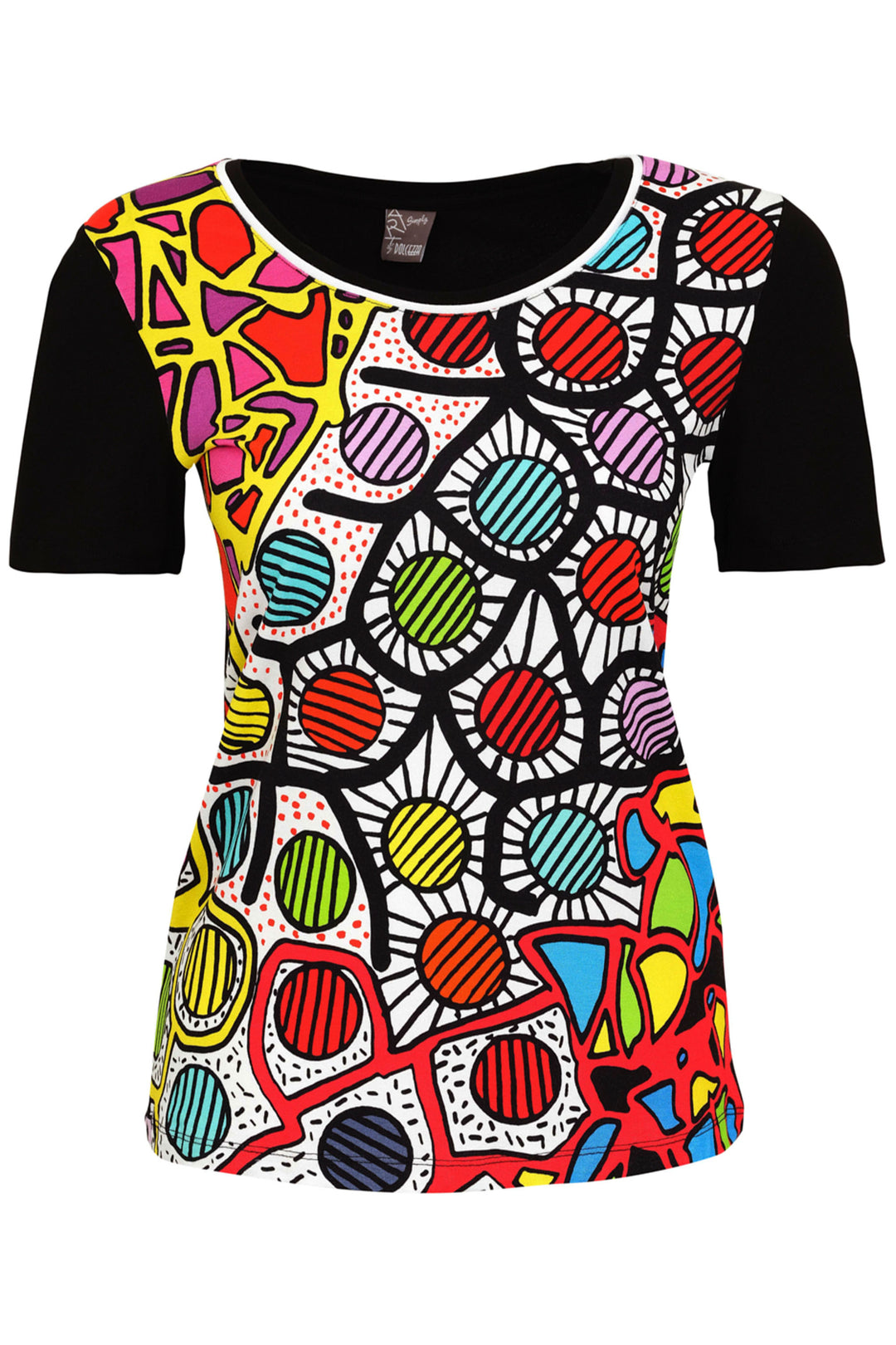 Dolcezza Spring 2024 Featuring a playful abstract print artwork and contrast black short sleeves, this top is perfect for adding a touch of quirkiness to any outfit.