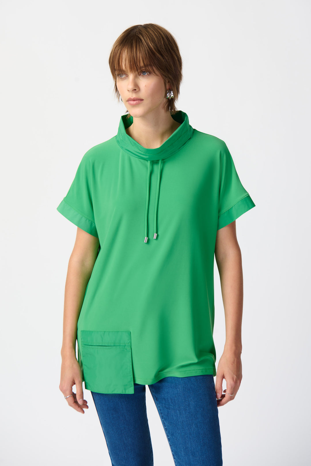Enjoy a sleek matte look while staying comfortable and relaxed in this lightweight top with short sleeves and a drawstring collar.