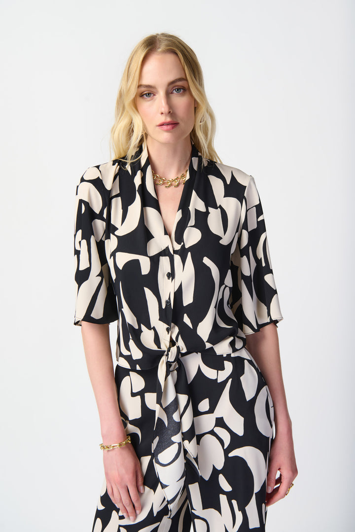 ABSTRACT PRINT TIE FRONT BLOUSE