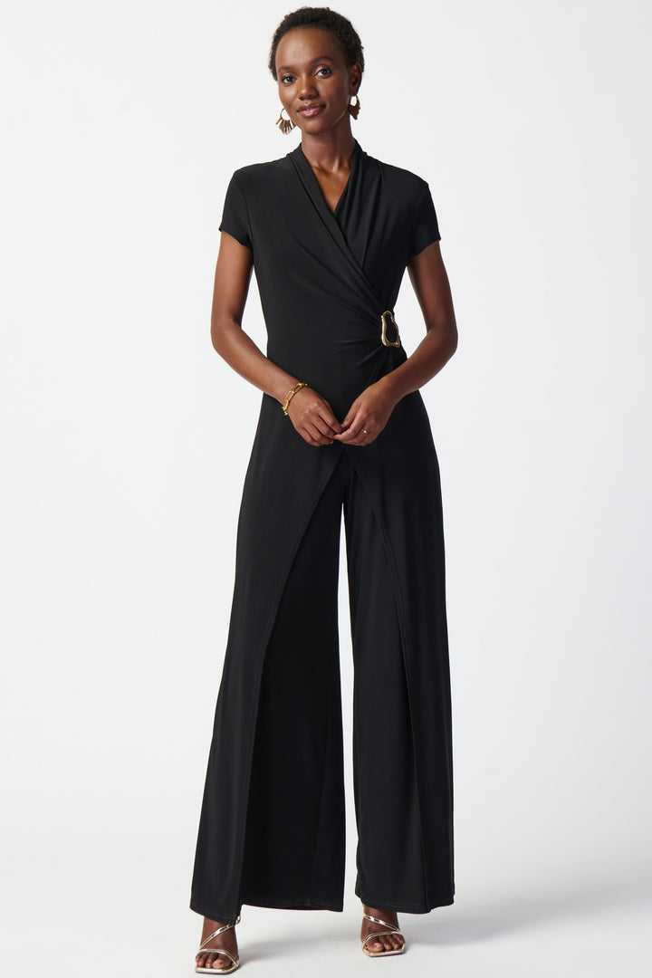 The wrap and drape style jumpsuit exudes effortless style while the v-neck and buckle detail add a touch of sophistication. 