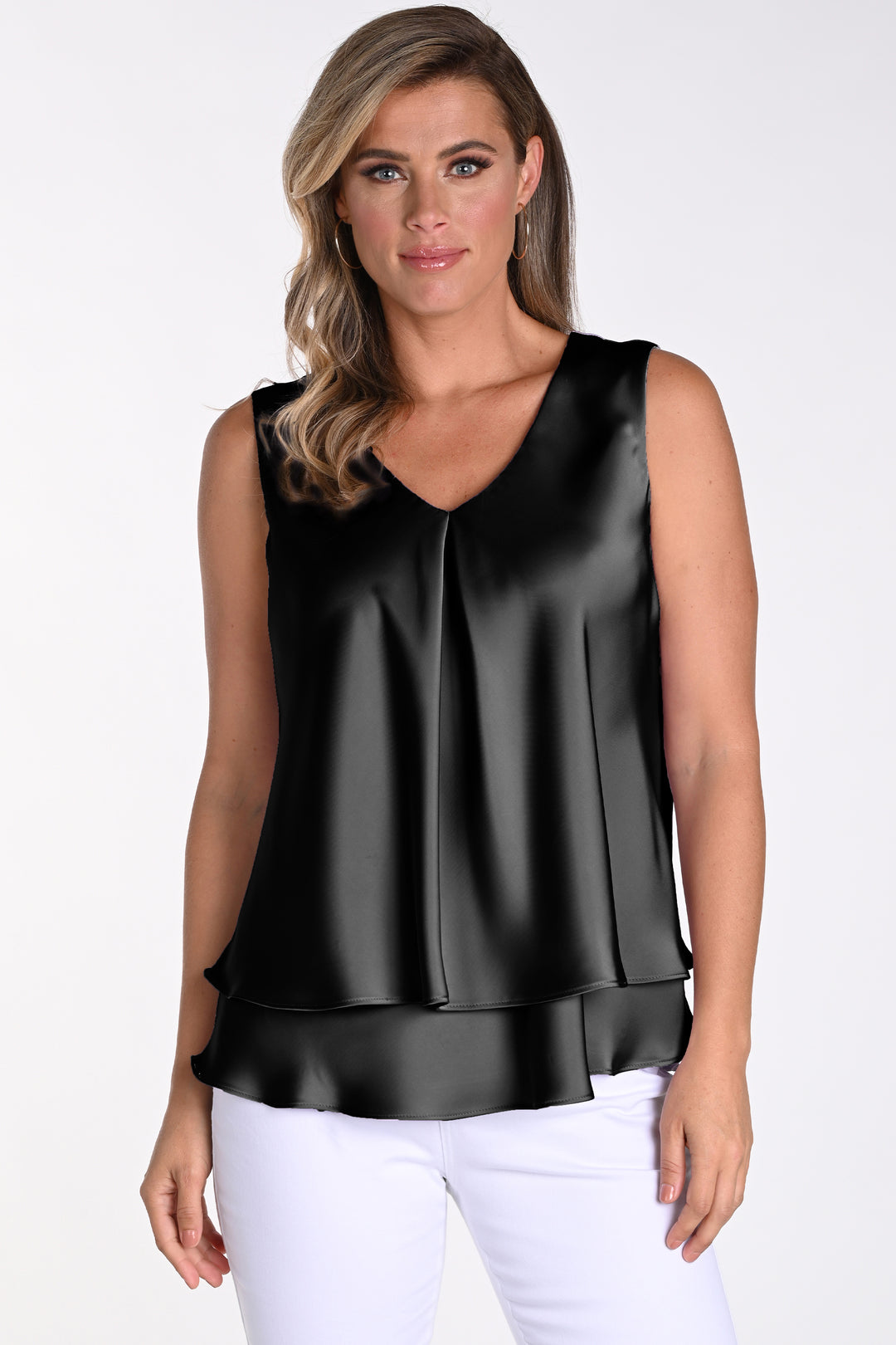 Frank Lyman Spring 2024 Its soft cut v-neck and sleek satin finish elevate your style while the lightweight and smooth fabric offers maximum comfort.