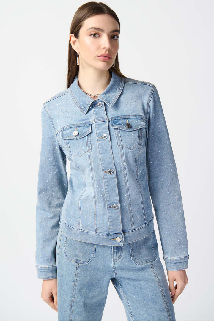 This standard jean jacket dazzles with sparkles, while the front button closure and classic collar offer timeless style. 
