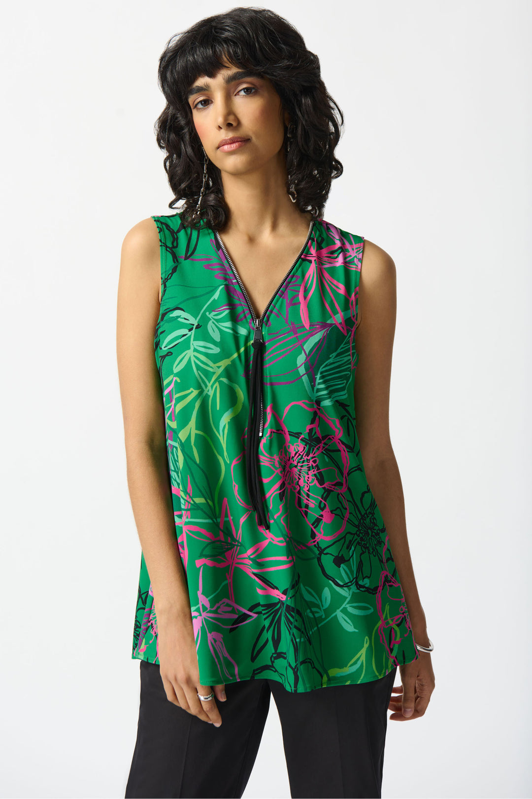JOSEPH RIBKOFF Spring 2024 Featuring a sharp v neckline and sleeveless silhouette, it's made from luxe satin fabric and is crafted in Canada.
