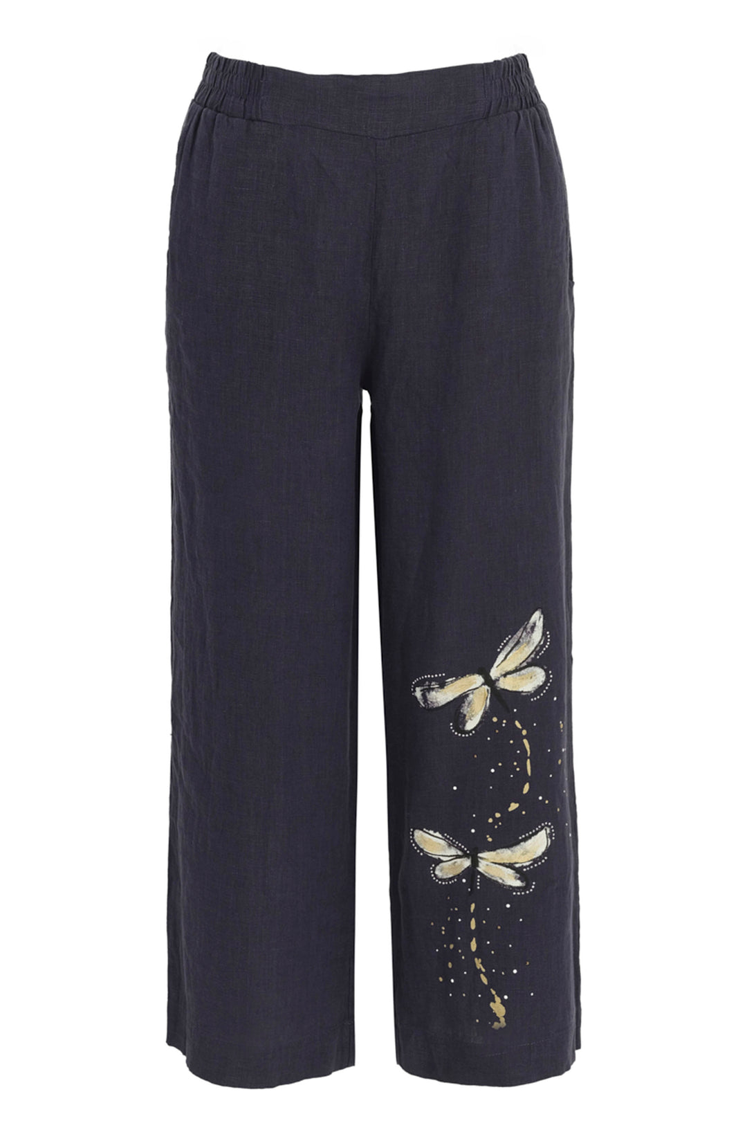 Dolcezza Summer 2024 These all linen pants feature dragonflies and an elastic waist to keep it casual and simple. Perfect for pairing with a basic tee or tank top. Elevate your style with these dark navy crop pants!