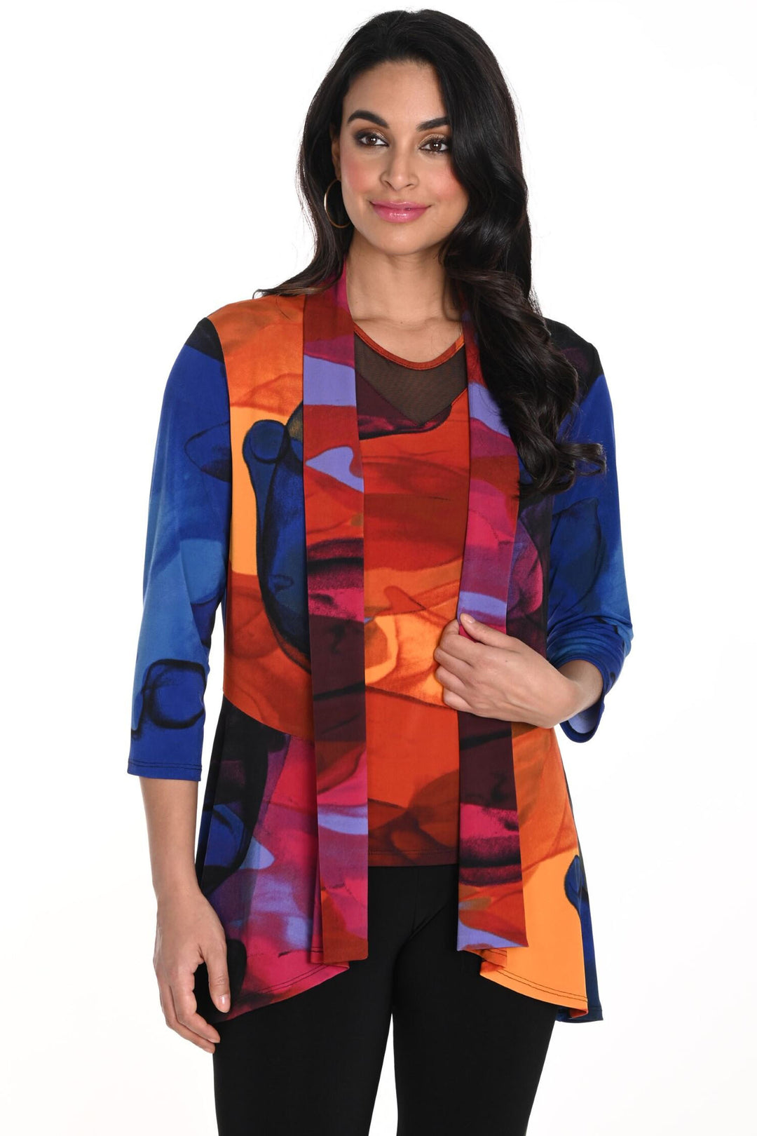 Frank Lyman Fall 2024 Made from ultra light and airy mesh fabric, this versatile piece can be dressed up or down, you choose! Its bright and colourful design will make a statement, while the simple cut jacket style keeps it effortlessly chic.