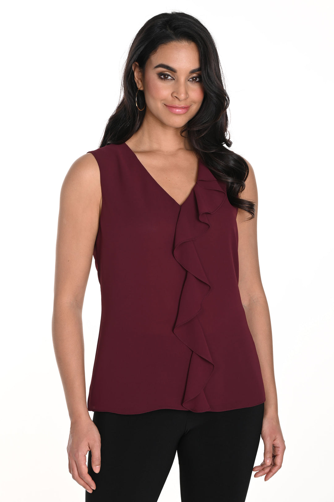 Frank Lyman Fall 2024 The standout ruffle front design and sharp v-neck add a touch of style to any outfit. Made for versatility, wear it casually or dress it up for a polished look.