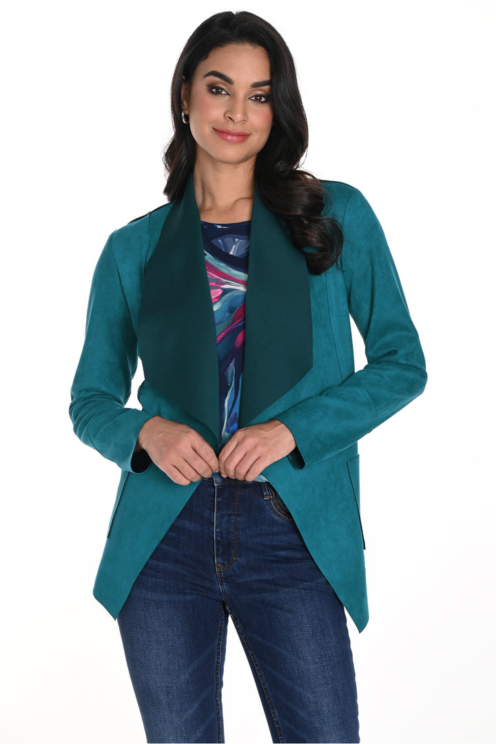 Frank Lyman Fall 2024 Crafted with faux suede for a luxurious touch, this open style jacket features patch pockets at the sides and a neat angle cut hem that flatters your figure.