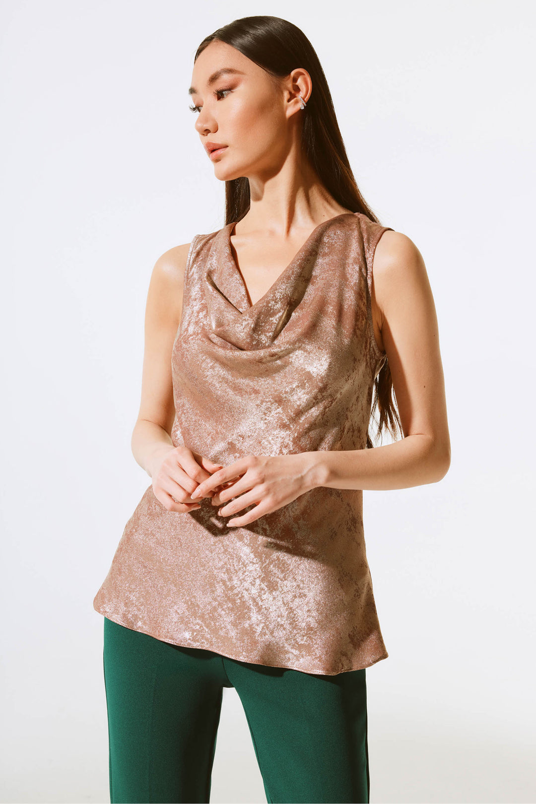 Dolcezza Fall 2024 This Drape Neck Foiled Top from Joseph Ribkoff is the perfect choice for a sophisticated, stylish look this fall.
