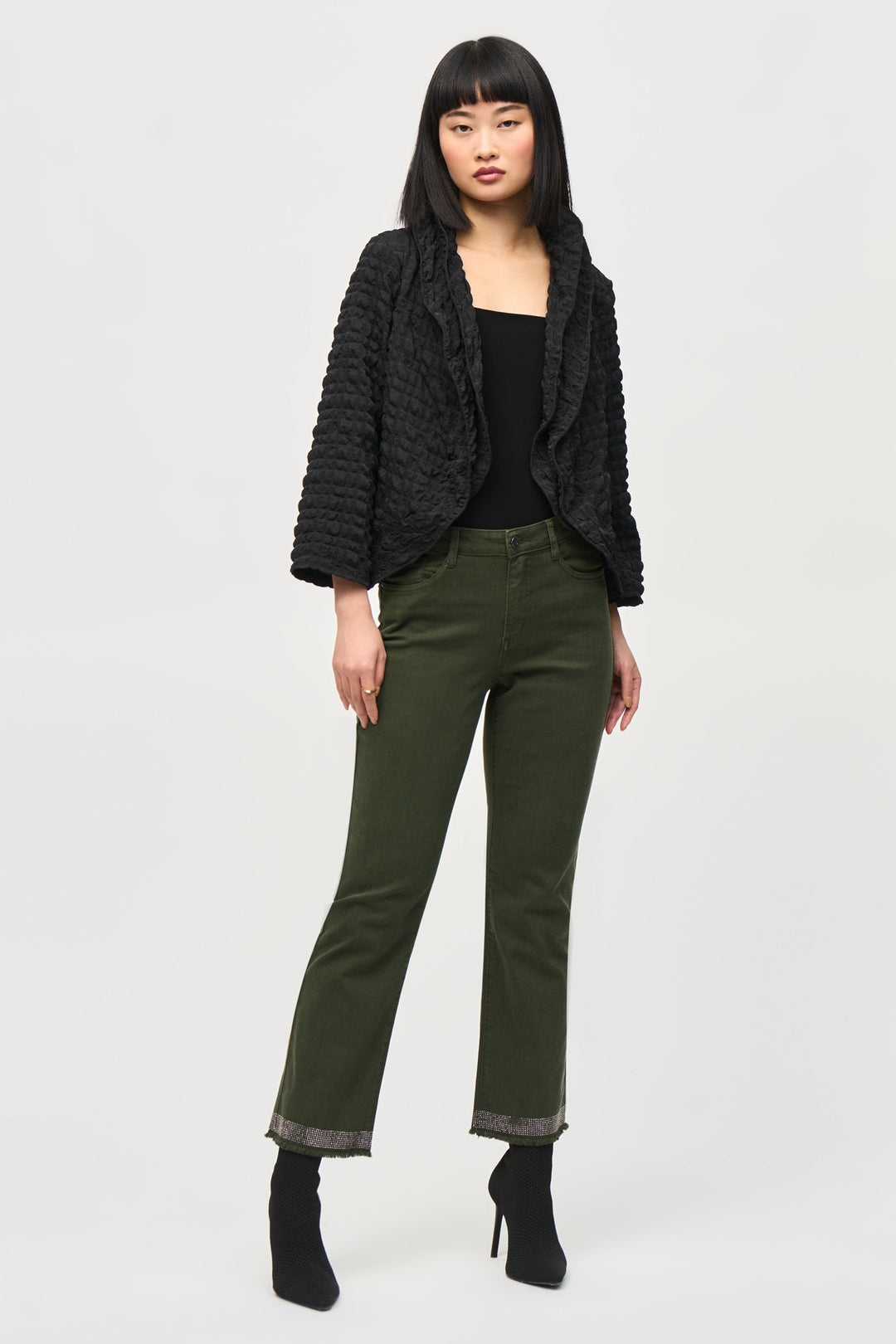 Joseph Ribkoff Fall 2024 They are a classic straight fit. The bling frayed hems are what make these jeans standout from the crowd!