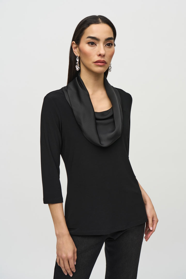 Joseph Ribkoff Fall 2024  This top boasts double stitch cuffs and hem for an added touch of sophistication. With its neat drape neck made with luxurious satin, it can be worn as a light sweater top for any occasion - from casual to business casual. 