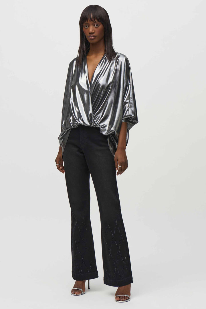 METALLIC FOILED CHIFFON WRAP TOP