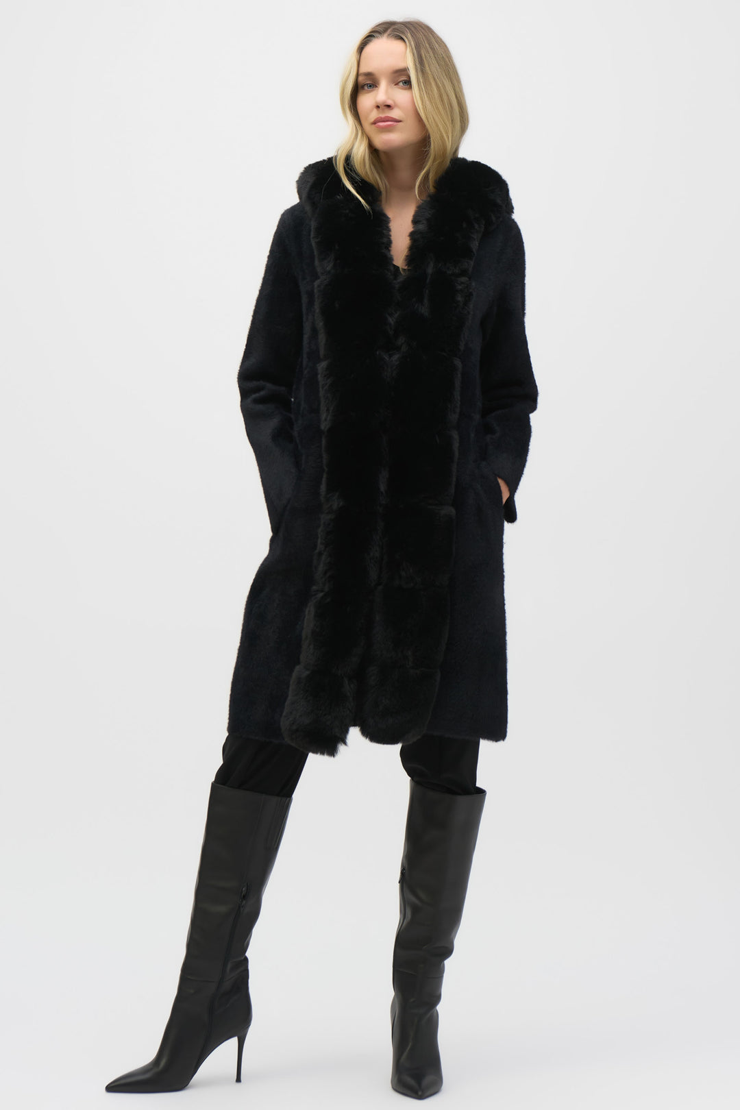 KNIT & FAUX FUR HOODED COAT