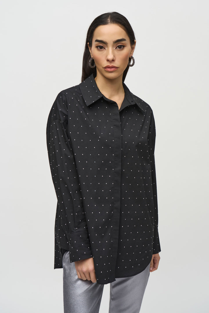 Joseph Ribkoff Fall 2024  Made of comfortable woven cotton, this blouse features bling rhinestone details all-over for a touch of glamour. 