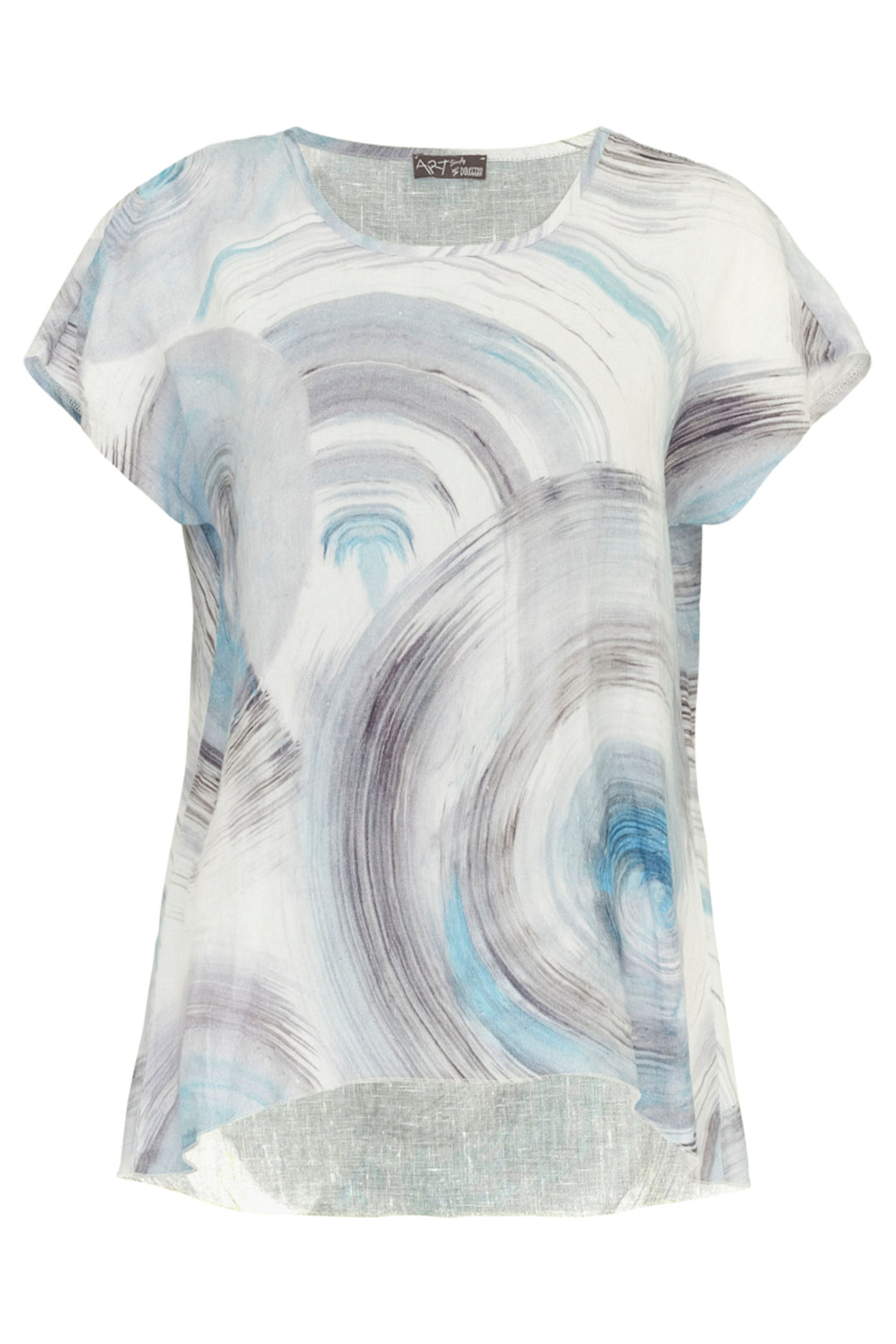 Dolcezza Spring 2024 The cool ocean abstract print adds a touch of artistic flair while the cap sleeves and high-low curved hemline create a flattering silhouette. 