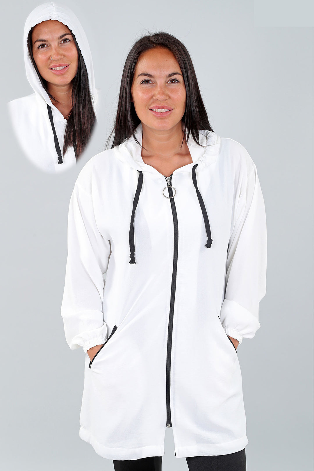 Crafted from lightweight material, this jacket features a drawstring hood, convenient side pockets and a front zipper.