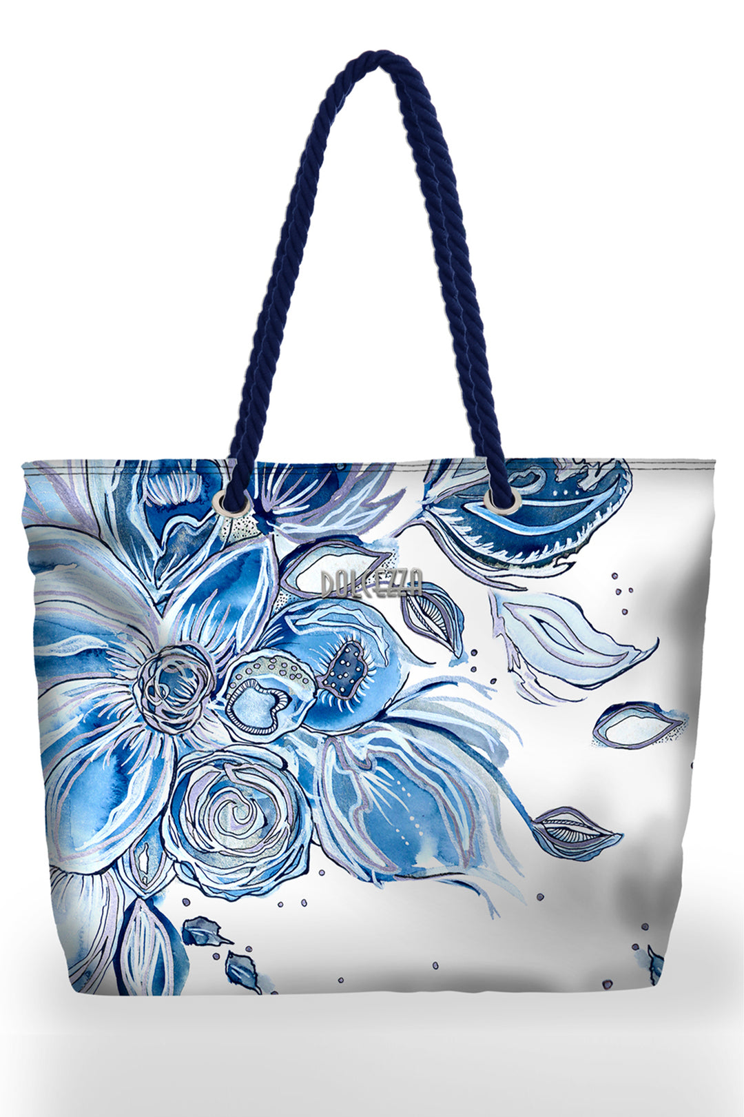 Tote bag with blue floral design on a white background