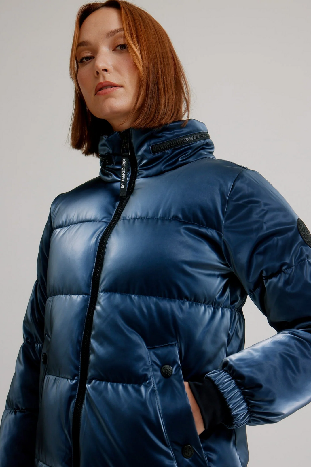 Hooded iridescent puffer jacket best sale