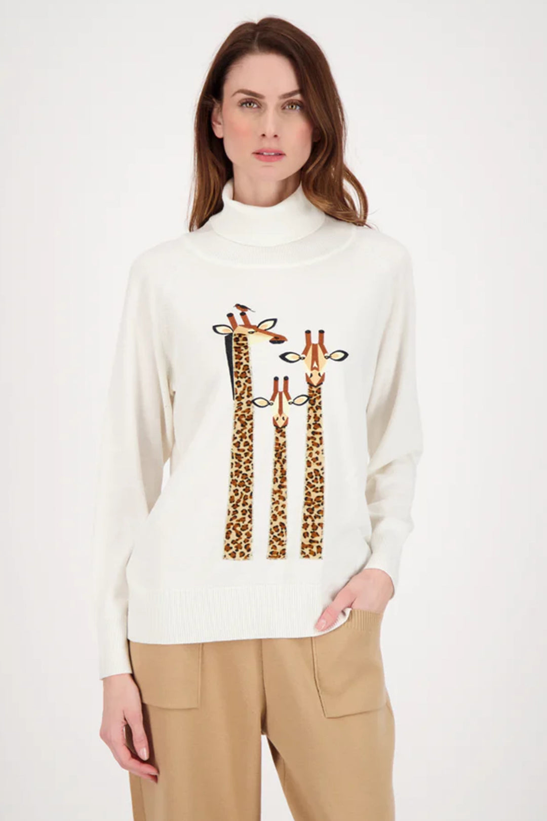 Featuring a light sweater style with a twist-a playful turtle neck line adorned with 3 giraffes! 