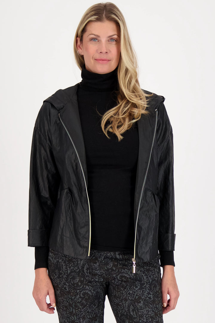 The classic leather jacket design is enhanced with a flattering front zipper and hood. 
