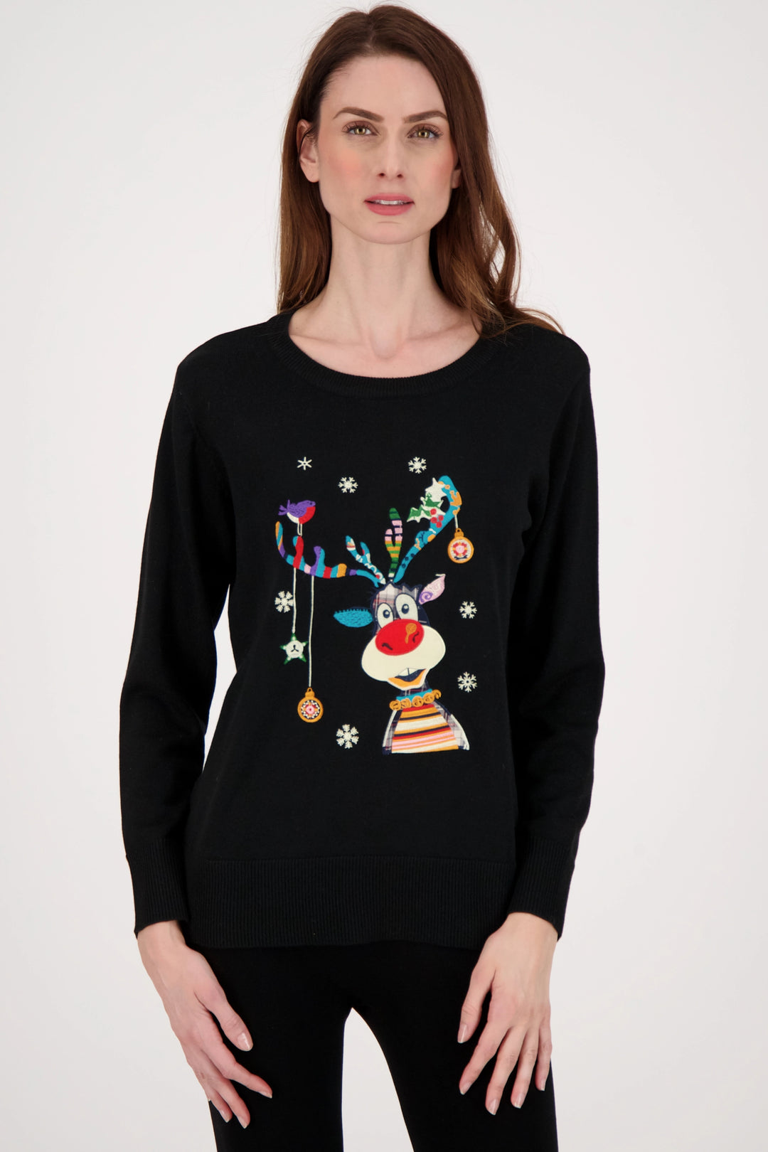 This cute light sweater features a jolly reindeer adorned with bells on the front, perfect for the holiday cheer!