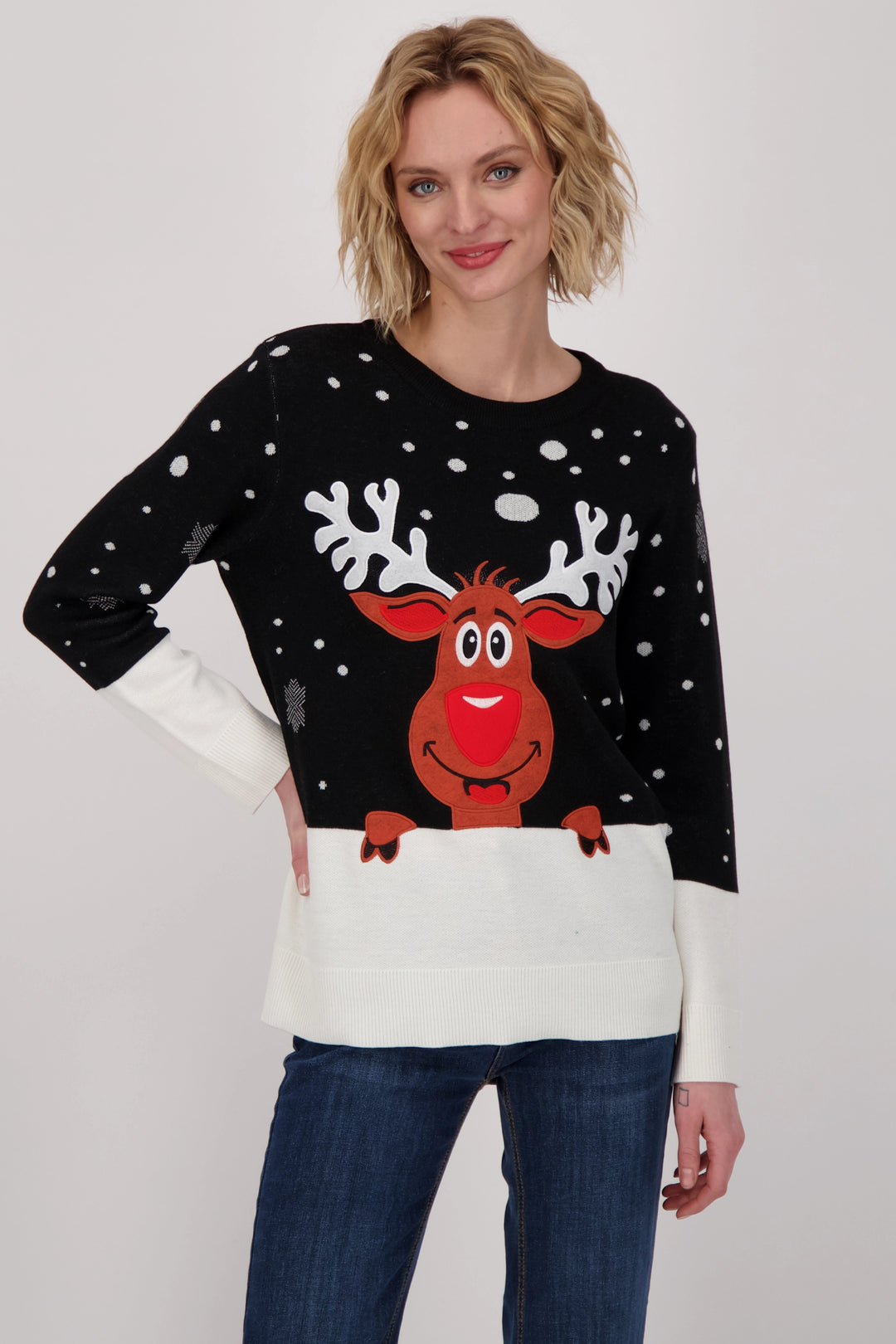 Enjoy a stylish round neckline, white snowy cuffs and hem, plus the cute and friendly Rudolph on the front and back!