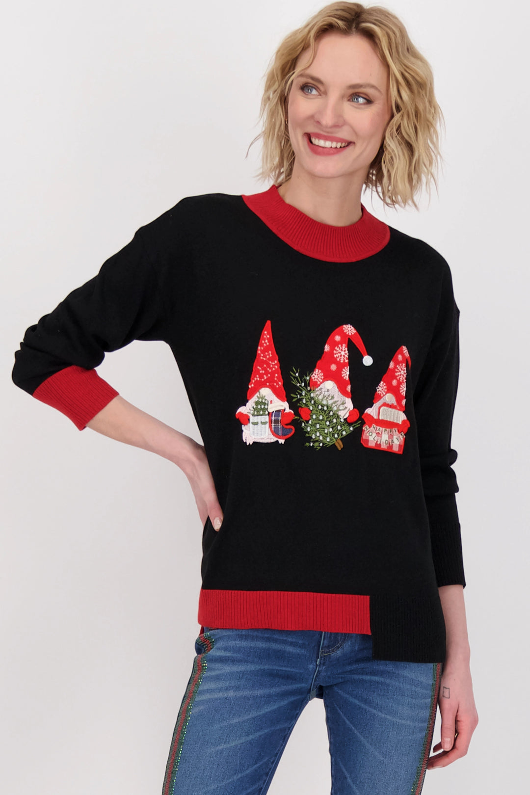 Get ready to join the gnome-y festivities with its stylish red ribbed neckline, one sided cuffs and half hem.