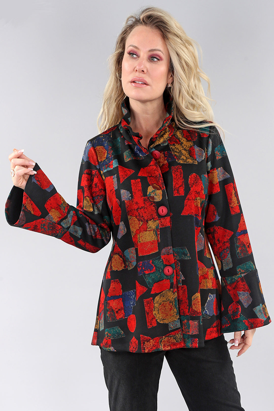 Michael Tyler Fall 2024 The bold red dominant mosaic print is complemented by lovely flared cuffs and three signature ombre red buttons.