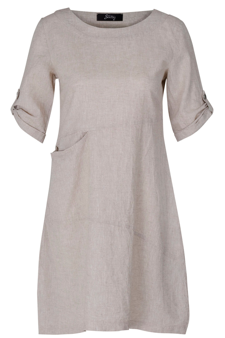 EverSassy Spring 2023 women's casual linen shift t-shirt dress with pocket - natural front
