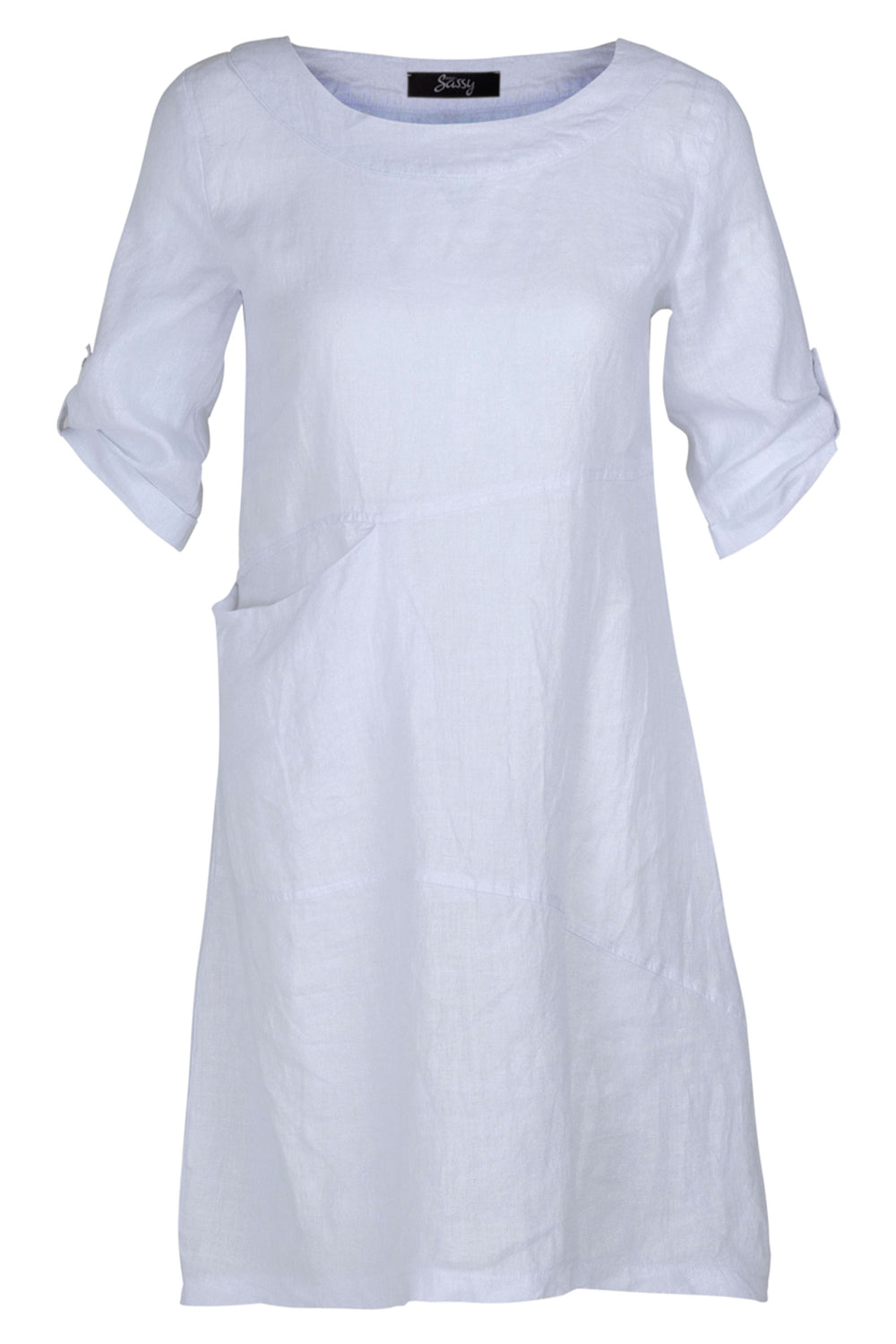 EverSassy Spring 2023 women's casual linen shift t-shirt dress with pocket  -White front
