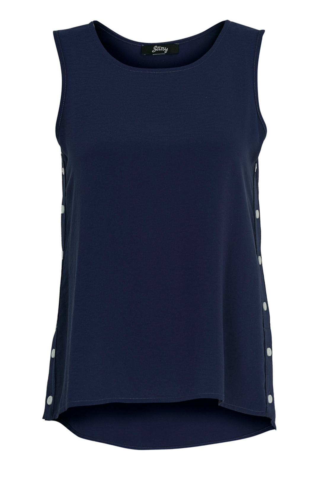 Ever Sassy Spring 2024 Featuring side buttons, a round neckline and a hi-low hem, this cami offers a standard fit that is both casual and elegant. 