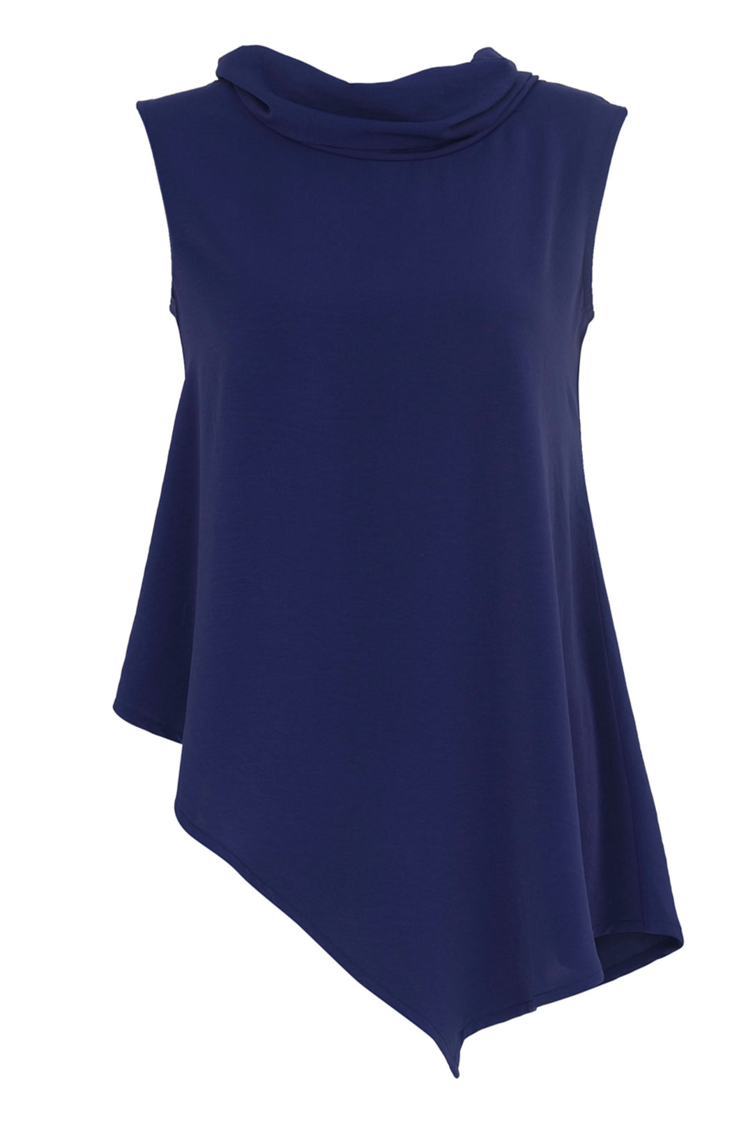 Ever Sassy Spring 2024 This tunic features a cowl or mock neck, sleek sleeveless design and an asymmetrical pointed front hem. 