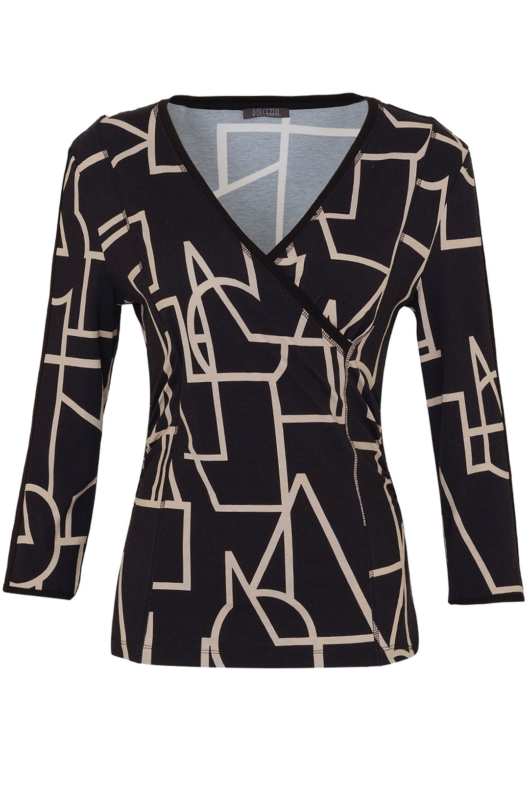 With its all-over geometric print, flattering cross-over v-neckline, 3/4 length sleeves, fitted wrap style, stretch fabric, you'll be sure to turn heads.