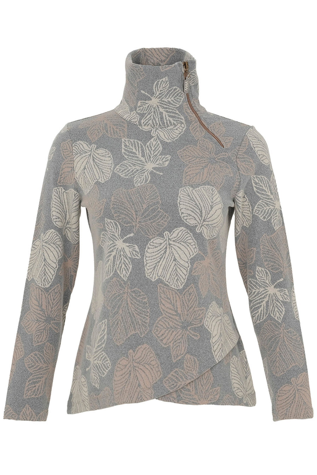 Crafted with a soft leaves print all-over and a luxurious funnel neck with a diagonal zipper, this top will make a statement.