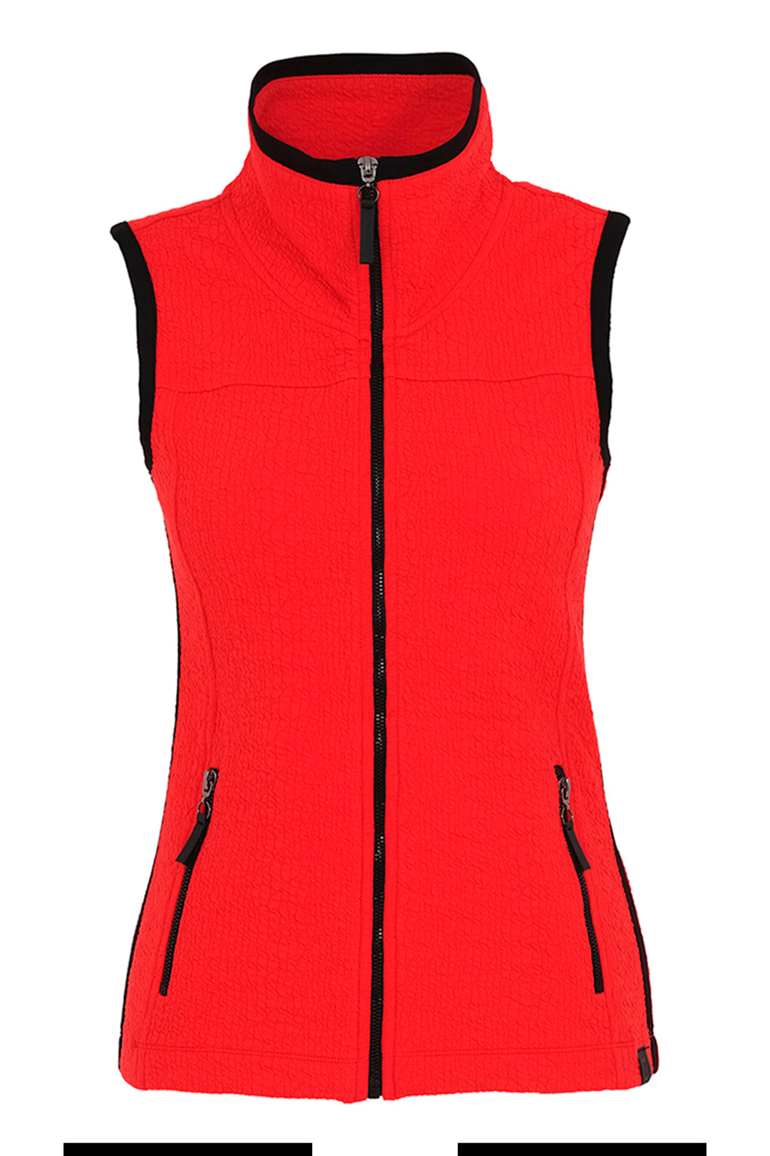 With a bright vibrant red colour and funnel neck design, this stylish piece is finished off with side zip pockets and a longer hemline.