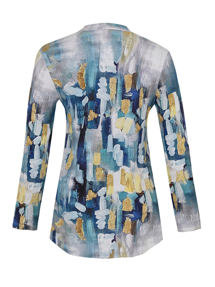 ABSTRACT WITH BLUE LS V-NECK TOP