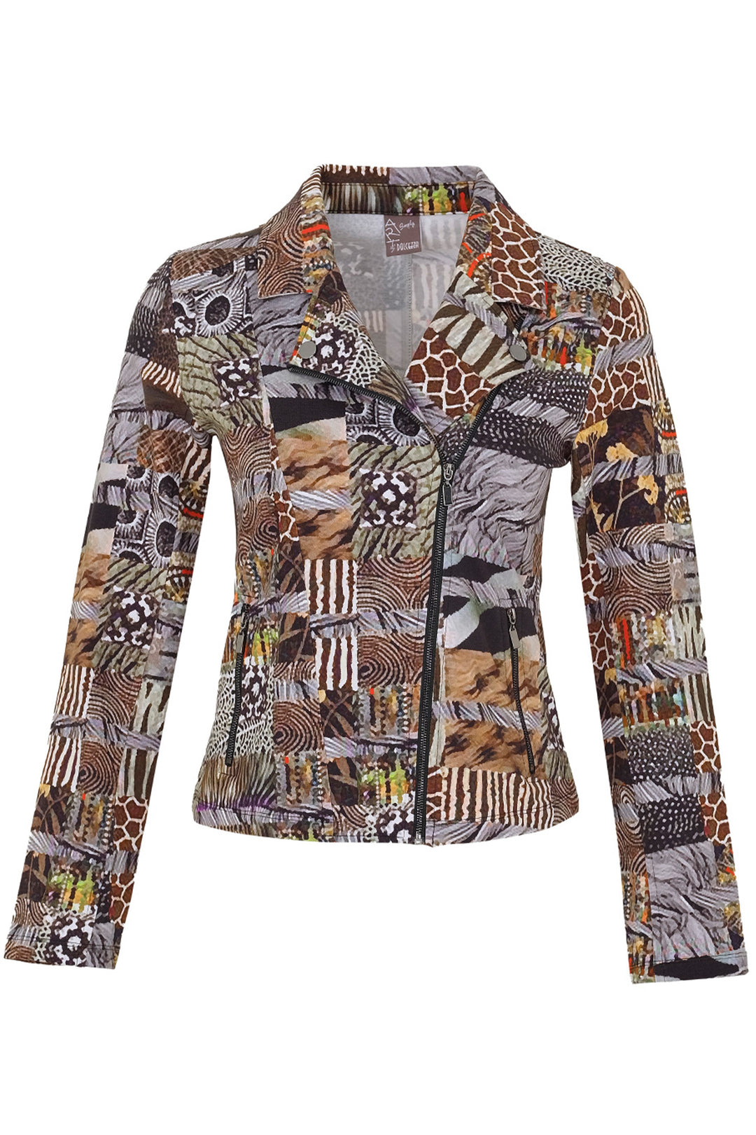 This bold and stylish biker style jacket features a lapel collar, an off-centre front zip-fastening, two front zip pockets, and full length sleeves, all in an eye-catching all-over print. 