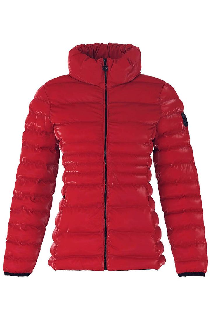 Crafted with a beautiful glossy finish, this lightweight puffer features a high collar, zip closure and pockets.