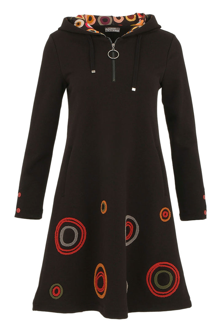 Dolcezza Fall 2024 This fun dress boasts&nbsp;an art inspired 'target' print, a hood with a drawstring, zipper at neckline, long sleeves with neat red button details, a flared cut, it's an easy comfortable fit.