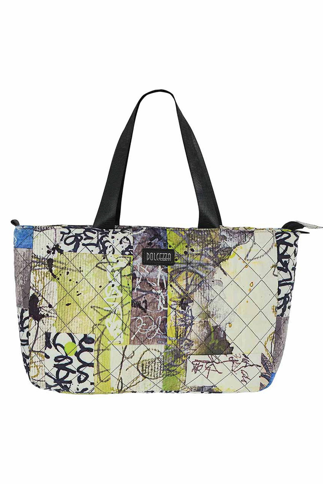 A quilted tote bag featuring a multicolor abstract patchwork design with black handles, shown against a plain white background.