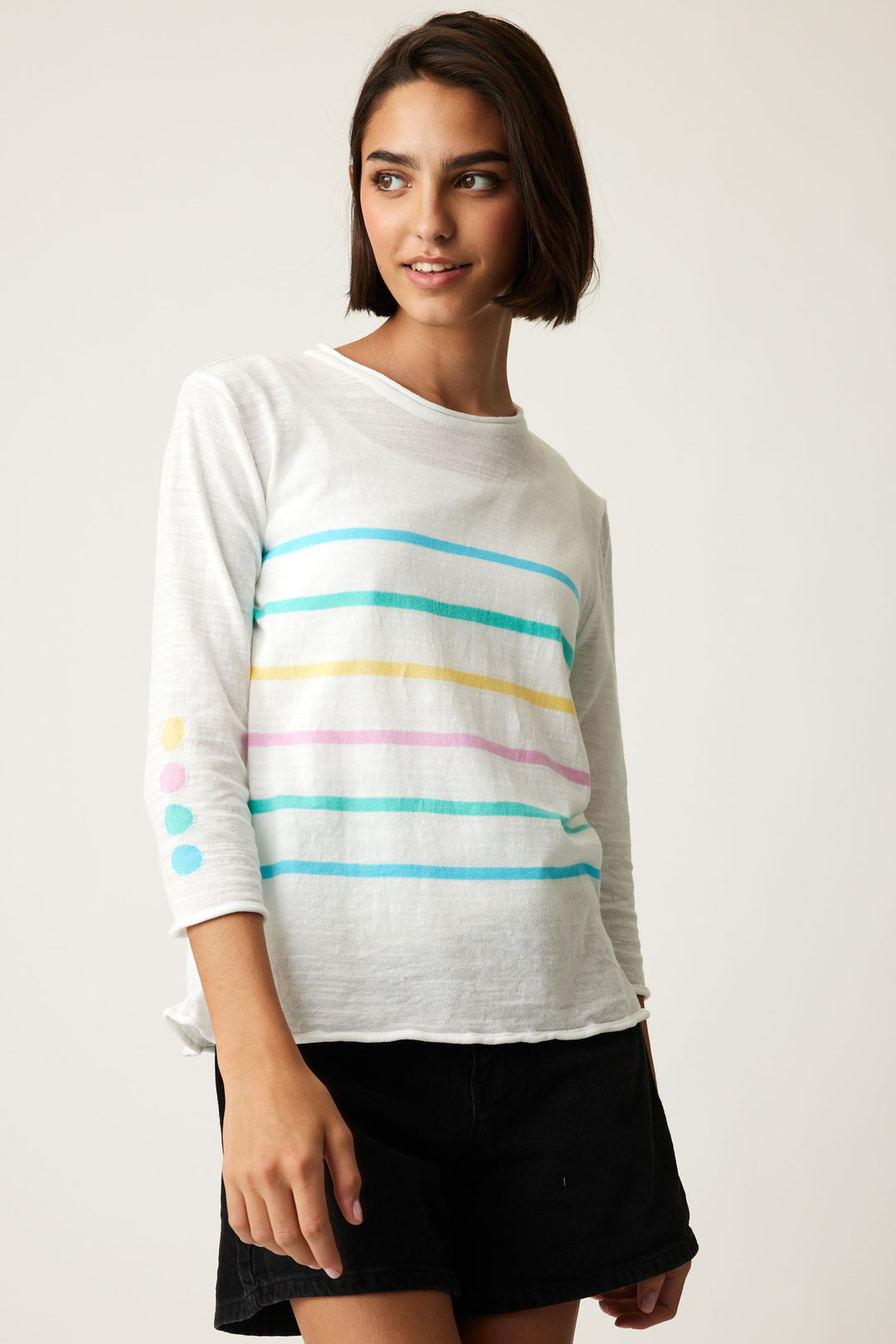 Cotton Country Spring 2024 Made of light and soft knit cotton, this sweater top features a bright stripe design pattern, contrast cuffs and hem and 3/4 length sleeves.