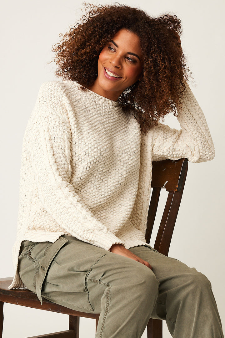 Cotton Country Fall 2024  Made with eco polyester yarn, it features an interesting bend cut hem design and ribbed cuffs and hem for added style. 