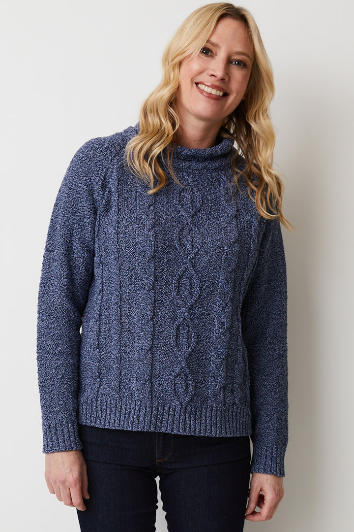 The Samira Sweater is a luxurious cable knit design crafted with a blend of eco-friendly cotton and polyester for extra stretch and comfort. 